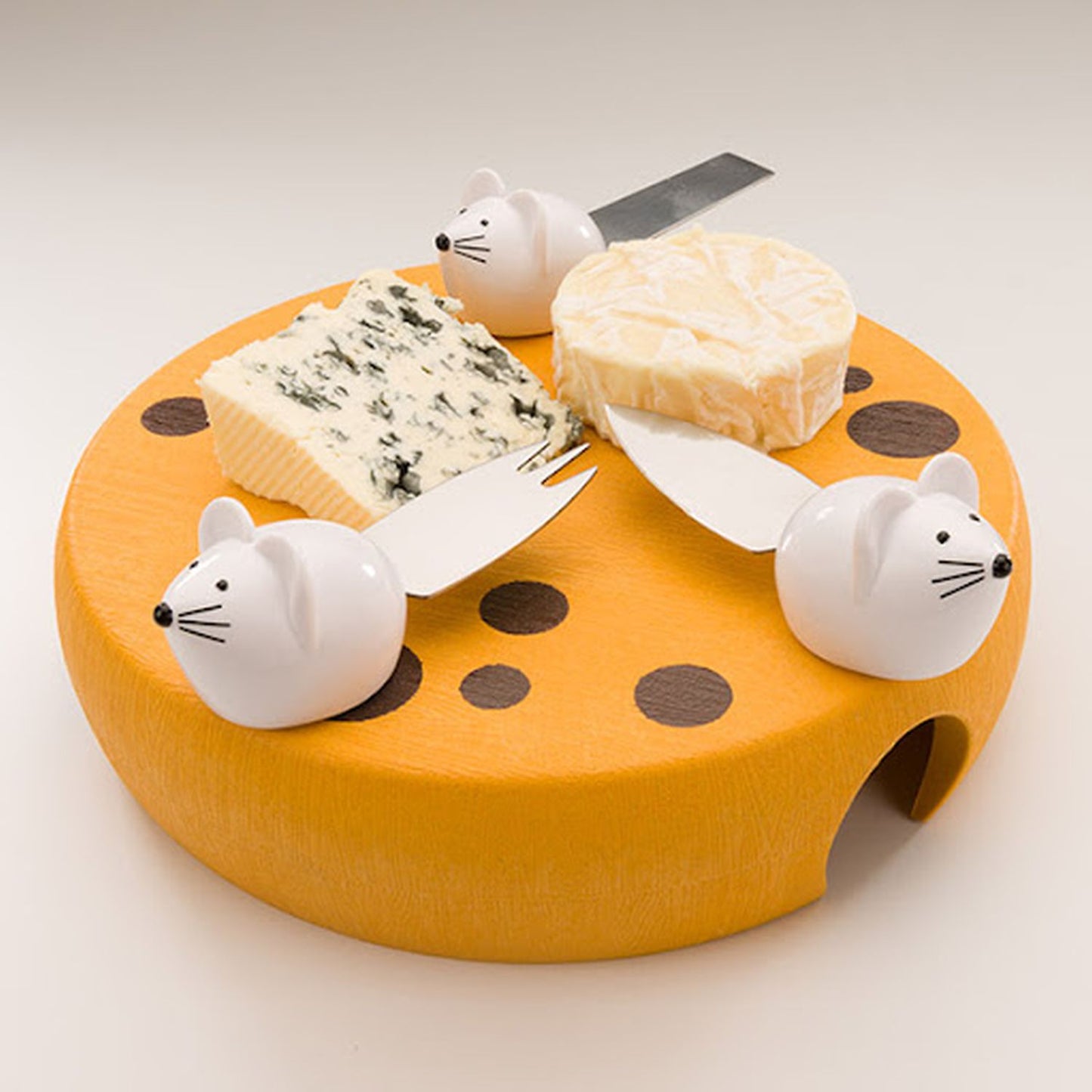 Mobi Mouse House Cheese Wheel Server Board With 3-Mice Cheese Knife Tools