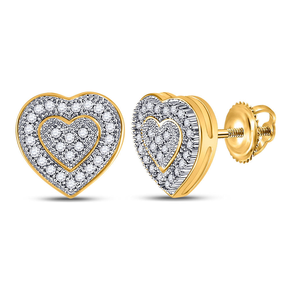 GND 10kt Yellow Gold Womens Round Diamond Heart Cluster Earrings 1/6 Cttw