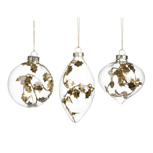 Glass Holly Filled Ball/Finial Ornament Clear/Gold 8Cm, Set Of 3, Assortment