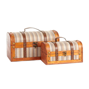 Goodwill Wood/Fabric Striped Trunk Box /Cream 35/26Cm, Set Of 2