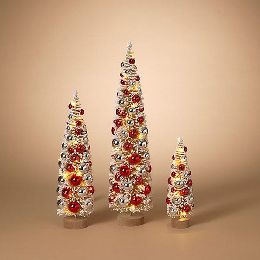 Gerson Company Set of 3 B/O Lighted Red Holiday Bottle Brush Trees W/ Ornaments