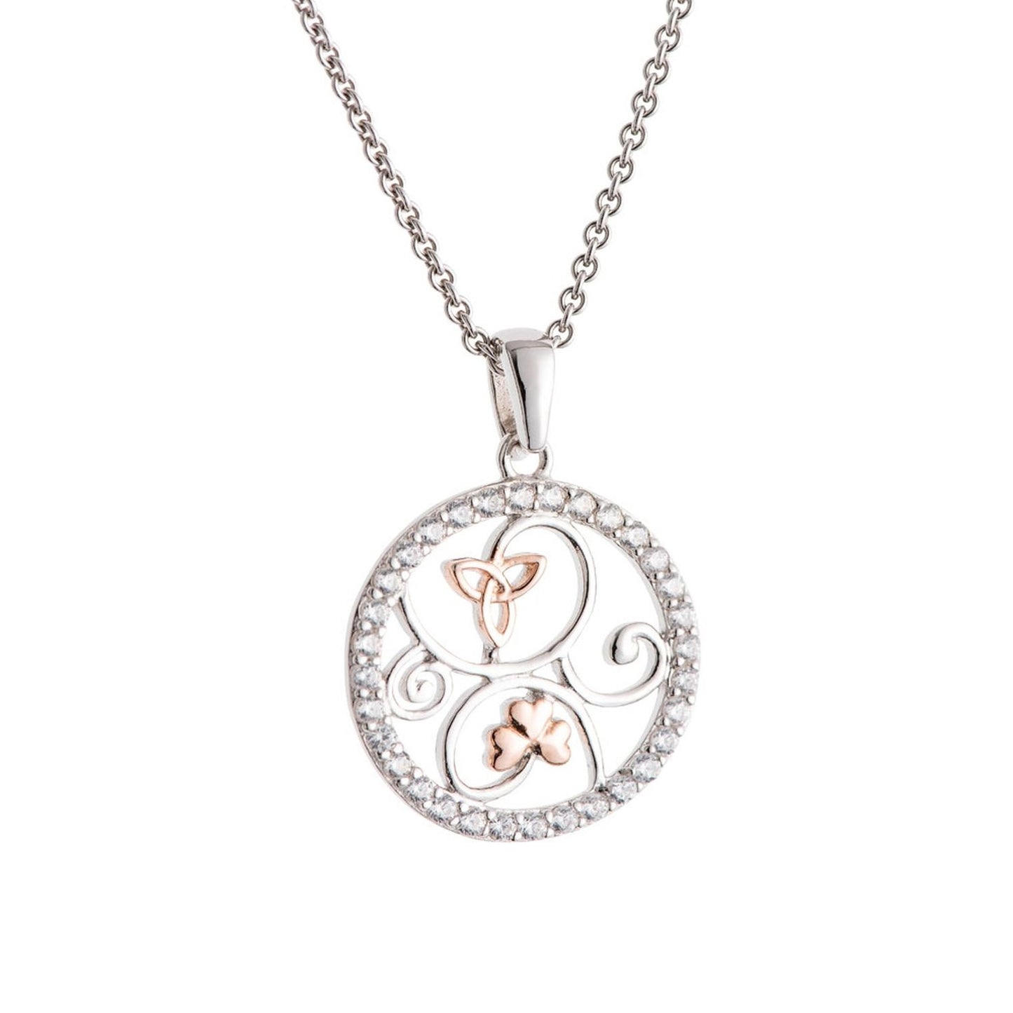Galway Trinity Knot & Shamrocks Rose Gold & Silver Pendant - Rhodium Plated