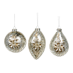 Glass Metal 3D Flower Ball/Finial Ornament Silver 8Cm, Set Of 3, Assortment