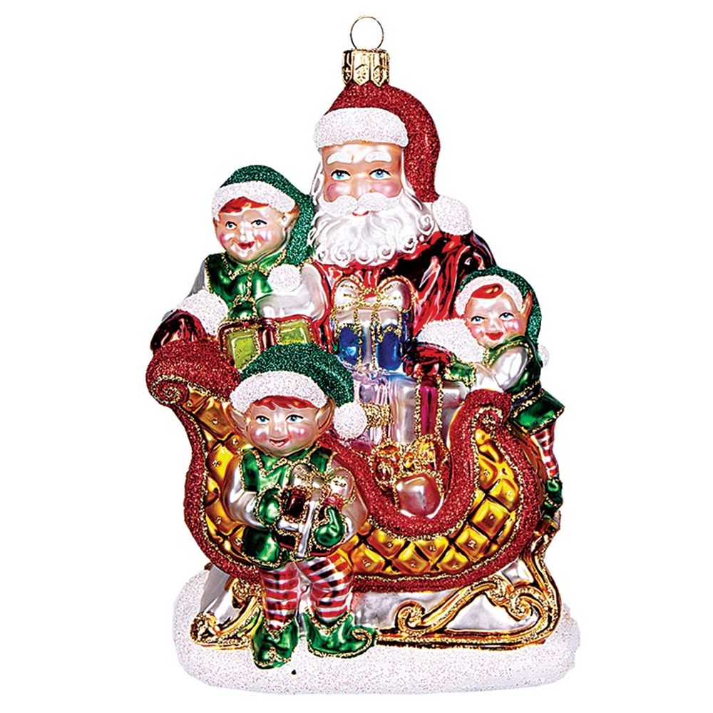 The Whitehurst Company Santa with Elves 5.5" Ornament, Glass Blown Holiday Decor