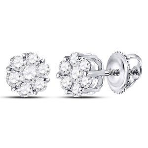 GND 10kt White Gold Womens Round Diamond Flower Cluster Earrings 1/2 Cttw