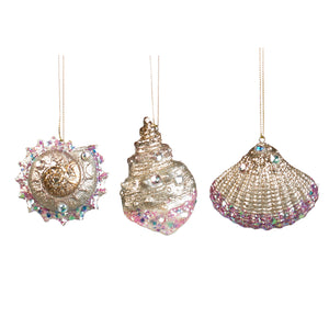 Jewel Glittered Shell Ornament Cream/Champagne/Pink 7Cm, Set Of 3, Assortment