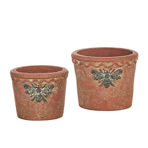 Raz Imports Home To Roost 5" Terracotta Pots With Embossed Metal Bee, Set of 2