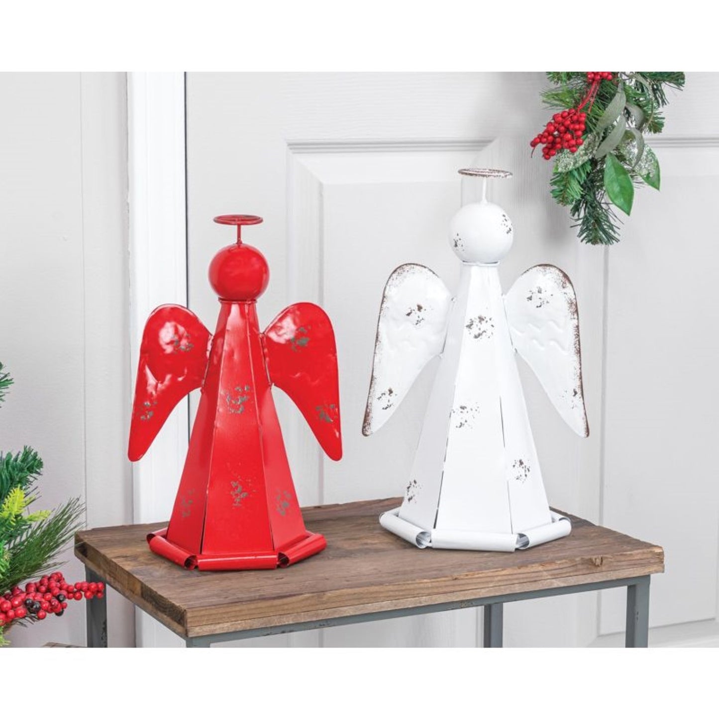 Hanna's Handiworks Red And White Distressed Metal Angel 2 Piece Set