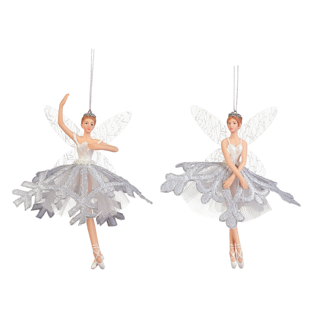 Tulle Embroidered Snowflake Fairy Ornament White 17Cm, Set Of 2, Assortment