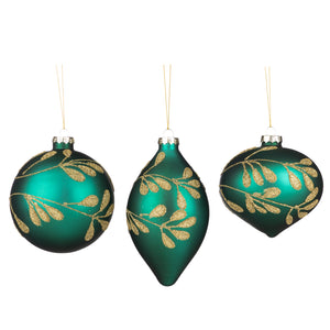 Glass Glittered Leaf Vine Ball/Finial Ornament Green 10Cm, Set Of 3, Assortment