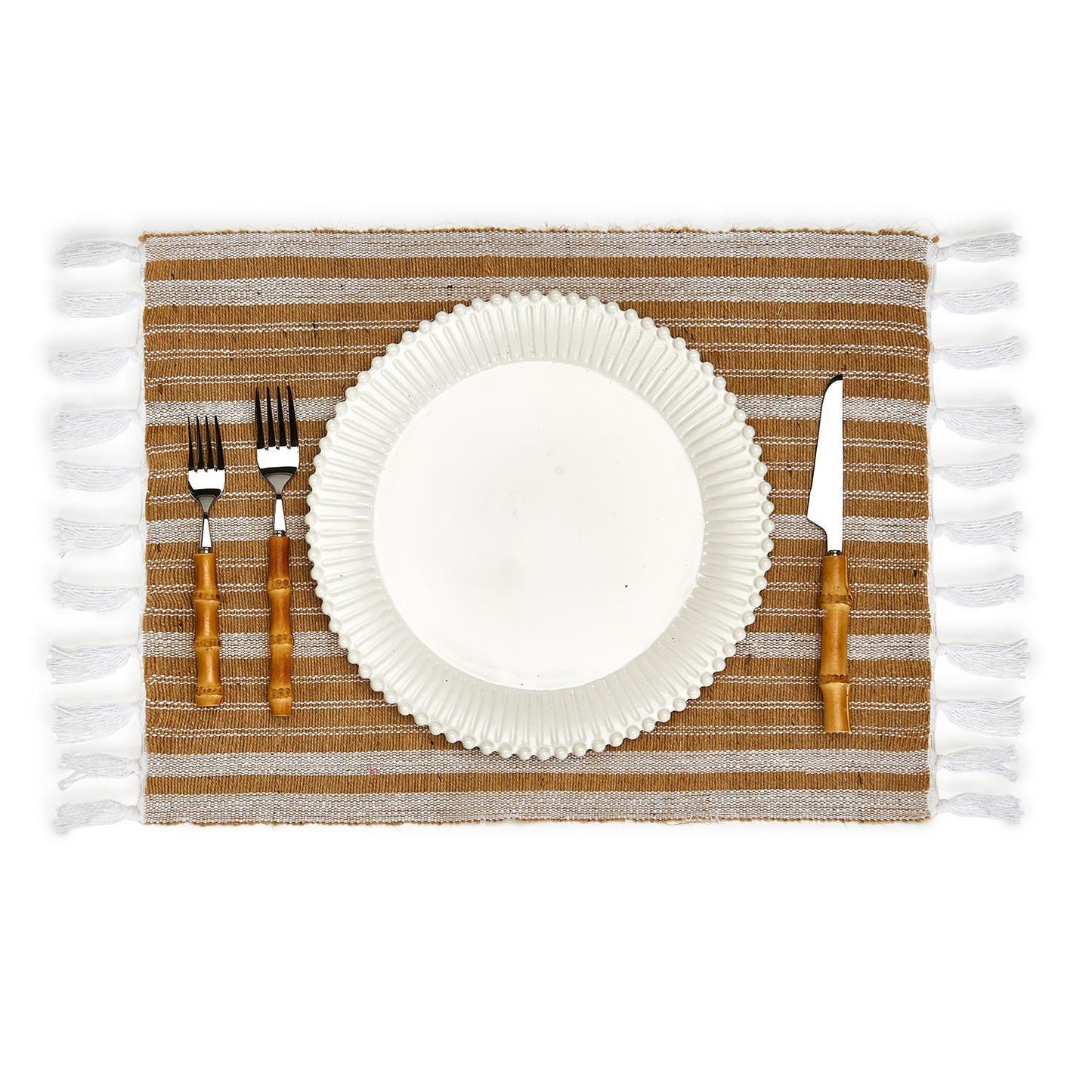 Two's Company Au Natural Set Of 4 Woven Placemats w/ Tassel Fringe - Jute/Cotton