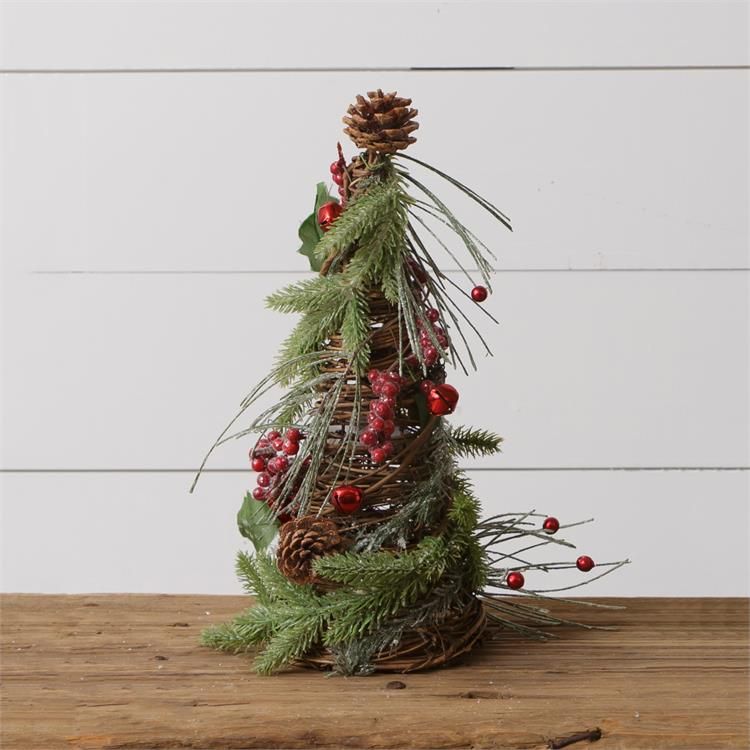 Your Heart's Delight Twig Cone Tree - Frosted Evergreens, Bells, Berries, Small