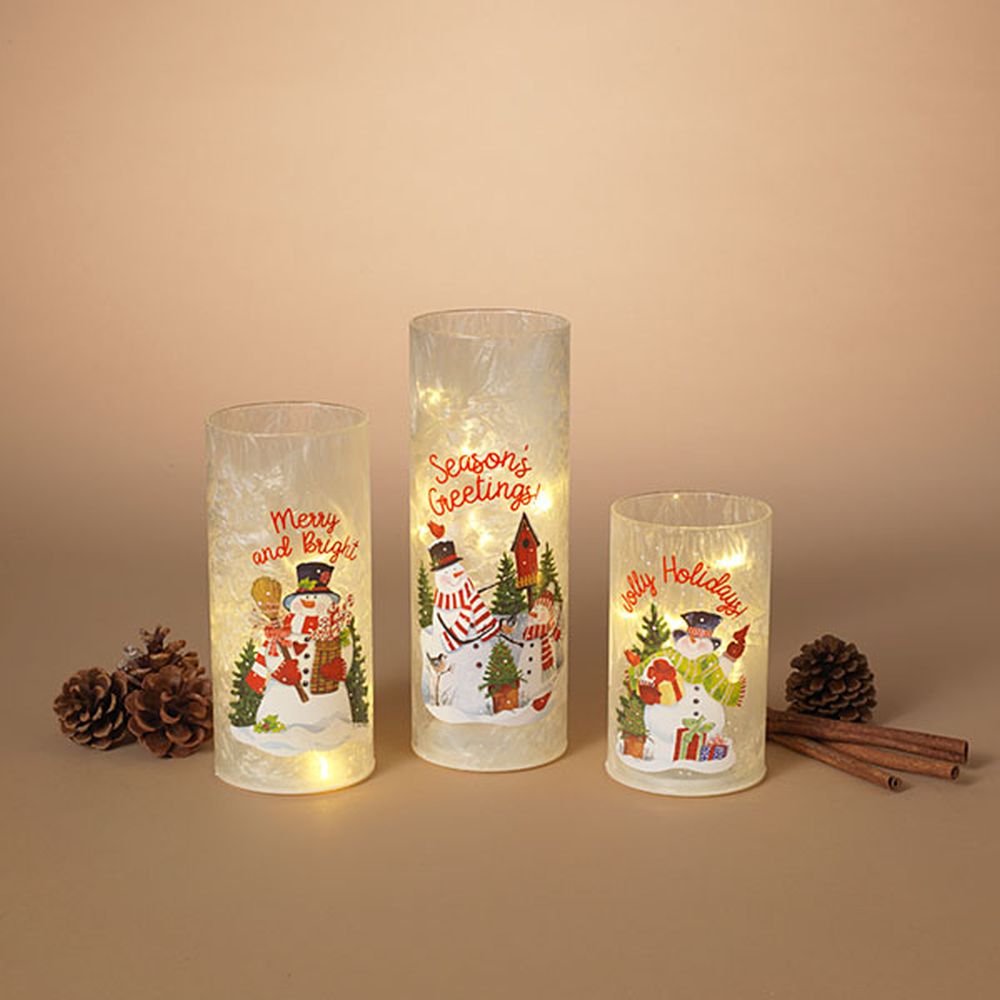 Gerson Company Set of 3 B/O Lighted Frosted Glass Snowman Design Luminaries