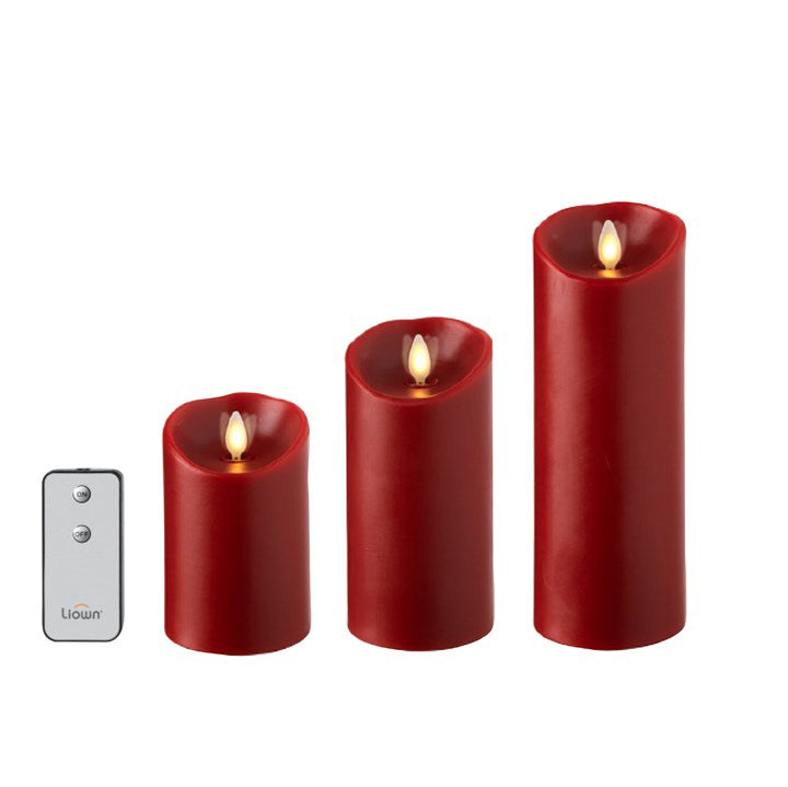 Raz Moving Flame Red Pillar Candles w/ Remote, Set of 3