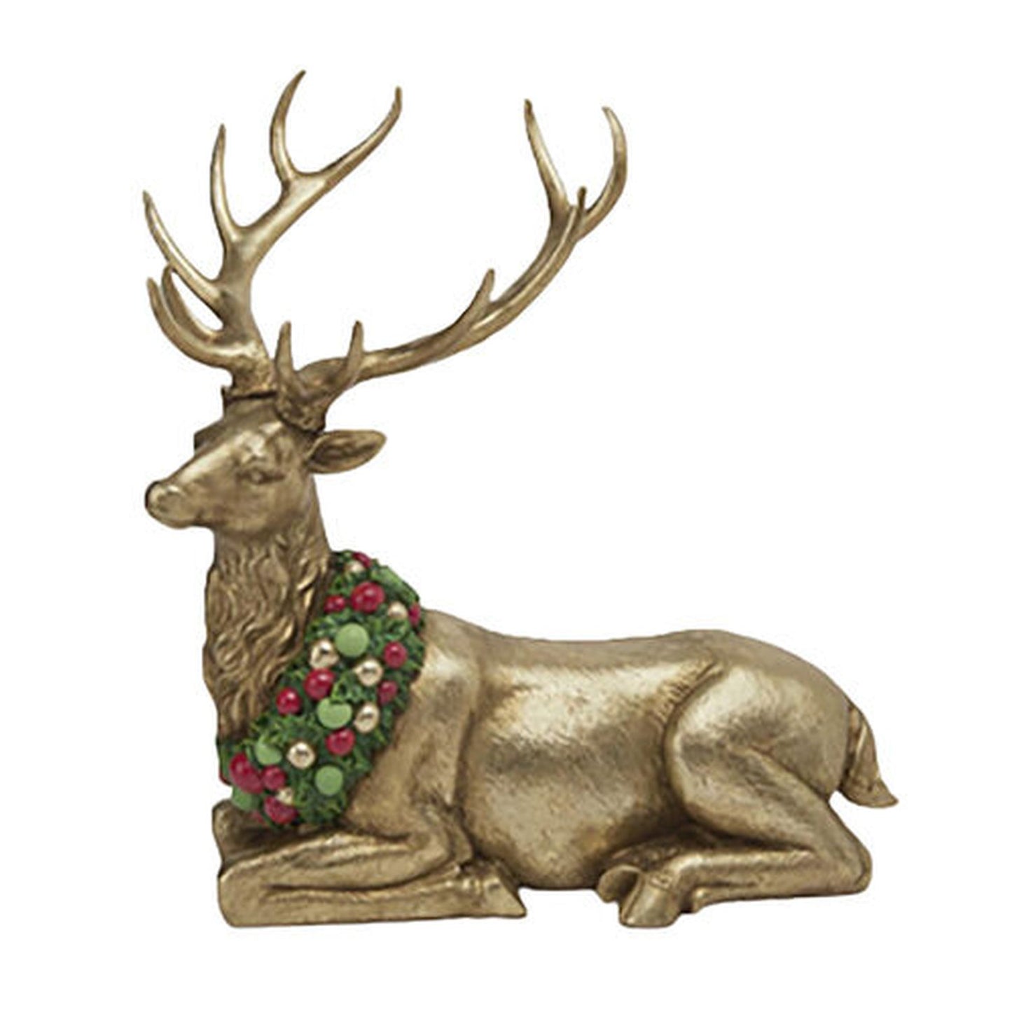 December Diamonds Christmas Carousel 17" Gold Deer Laying With Neck Wreath