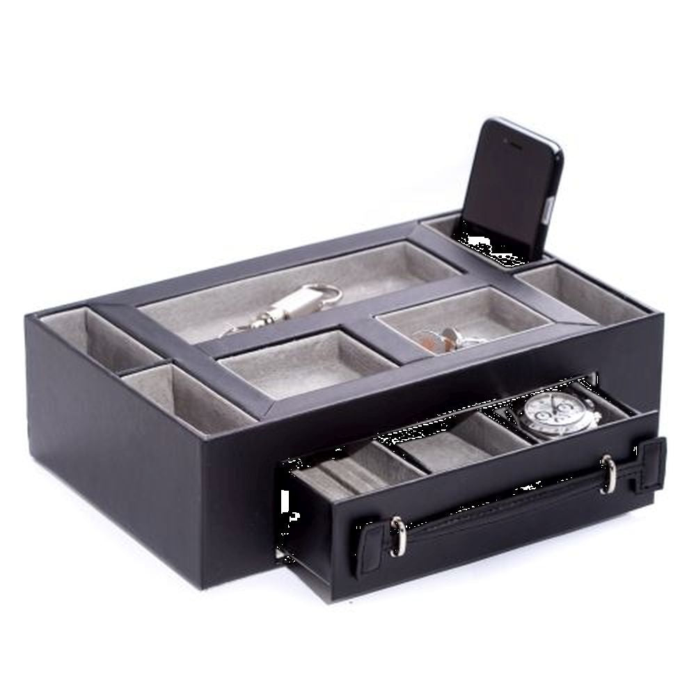 Bey Berk Black Leather Open Face Valet Box With Drawer