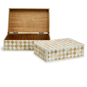 Two's Company Set Of 2 Galerie Diamond Hinged Cover Box- Mdf/Mango Wood/Bone