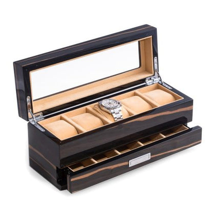 Bey Berk Lacquered "Ebony" Wood 5 Watch Box With Glass Top