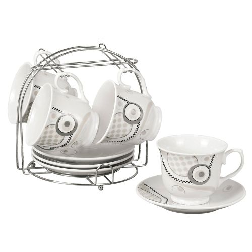 Lorenzo Set of 4 Coffee Cups On Metal Stand - Geometric, Porcelain
