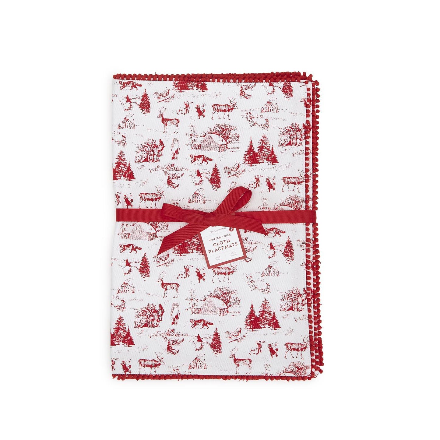 Two's Company Winter Toile Set Of 4 Placemats With Pom Pom Trim