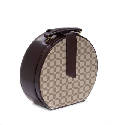 Two-Tone Brown Leather & Cloth Material Round Jewelry Box