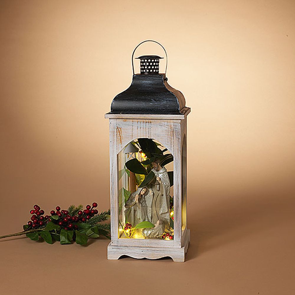 Gerson 18" B/O Lighted Wood & Metal Nativity Scene Lantern with Floral Accent