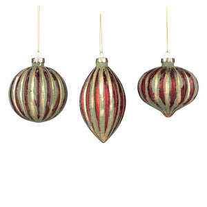 Glass Stripe Ball/Finial Ornament Green/Red/Gold 8Cm, Set Of 3, Assortment