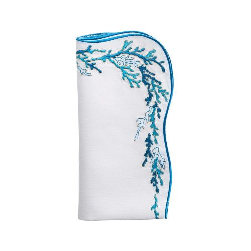 Kim Seybert Reef Napkin in White, Turquoise & Gold, Set of 4, Linen, 21