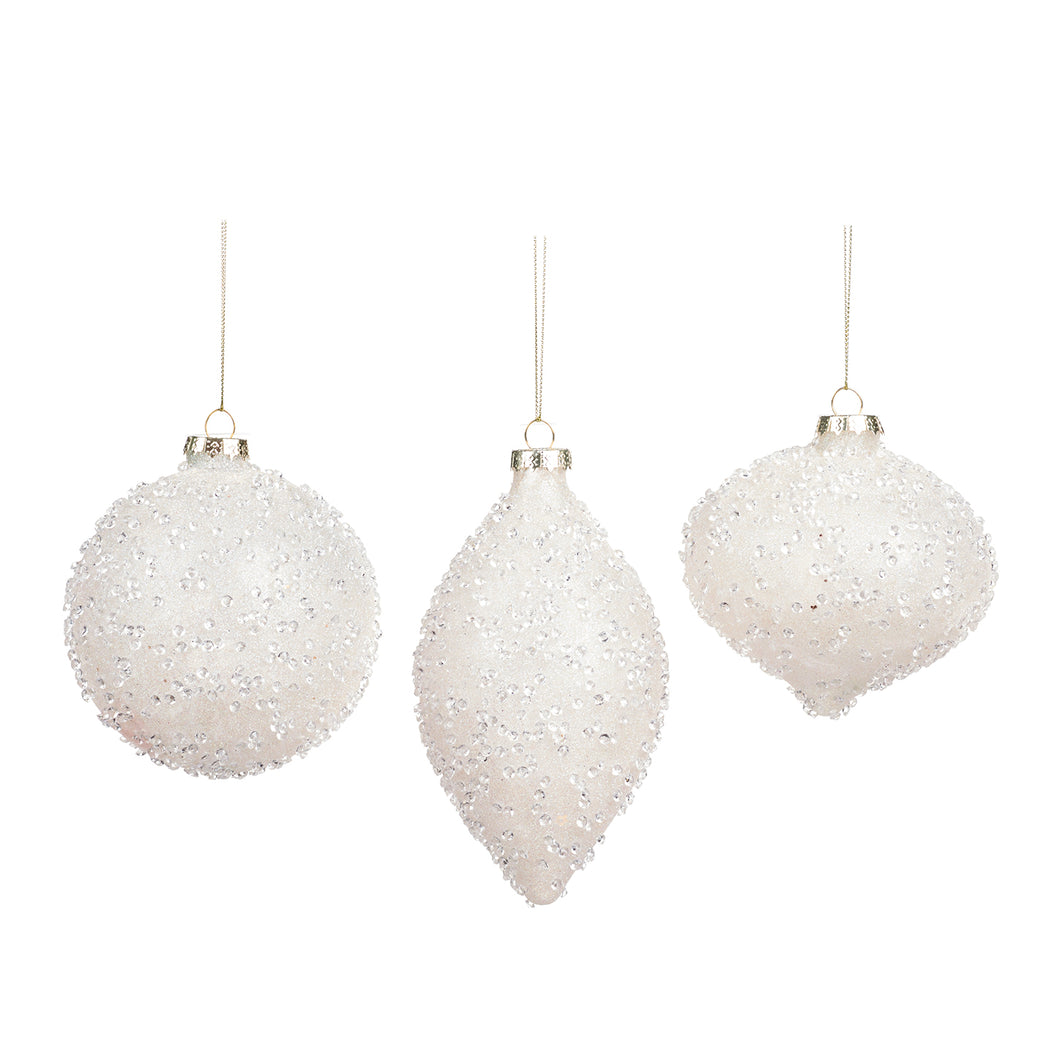 Glass Jewel Covered Ball/Finial Ornament White/Lt Pink 10Cm, Set/3, Assortment
