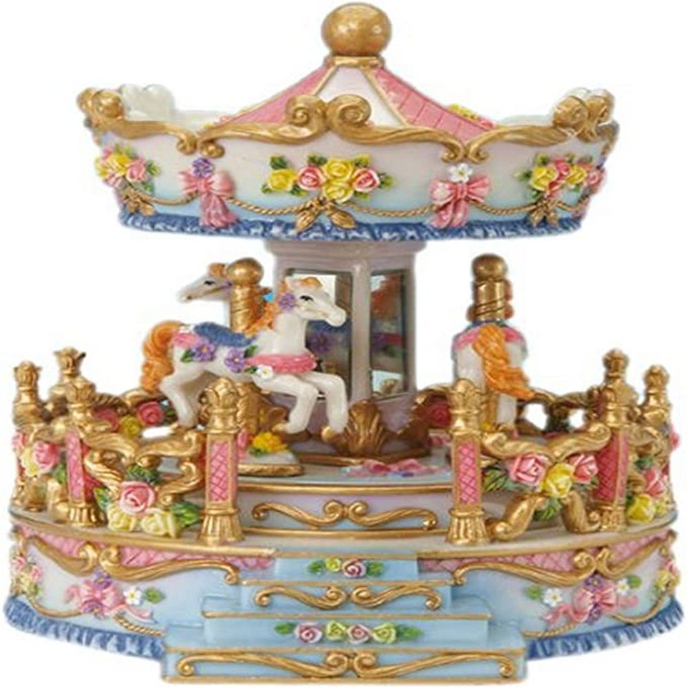 Musicbox Kingdom 6.7" Blue Carousel With Porch Turns To A Famous Melody
