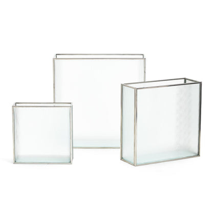 Two's Company Frosted Windows Set Of 3 Square Vase with Silver Trim In 3 Sizes