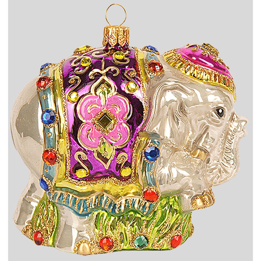 The Whitehurst Company Jeweled Elephant 4.5" Ornament, Glass Blown Holiday Decor