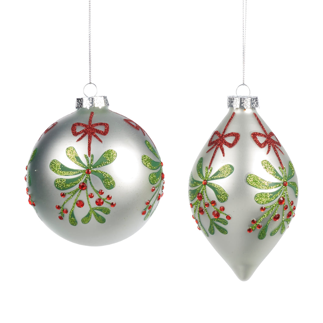 Glass Glittered Mistletoe Ball/Finial Ornament White/Red, Set/2, Assortment