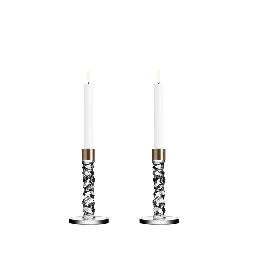 Orrefors Carat Small Candlestick Brass Pair, Crystal, Clear
