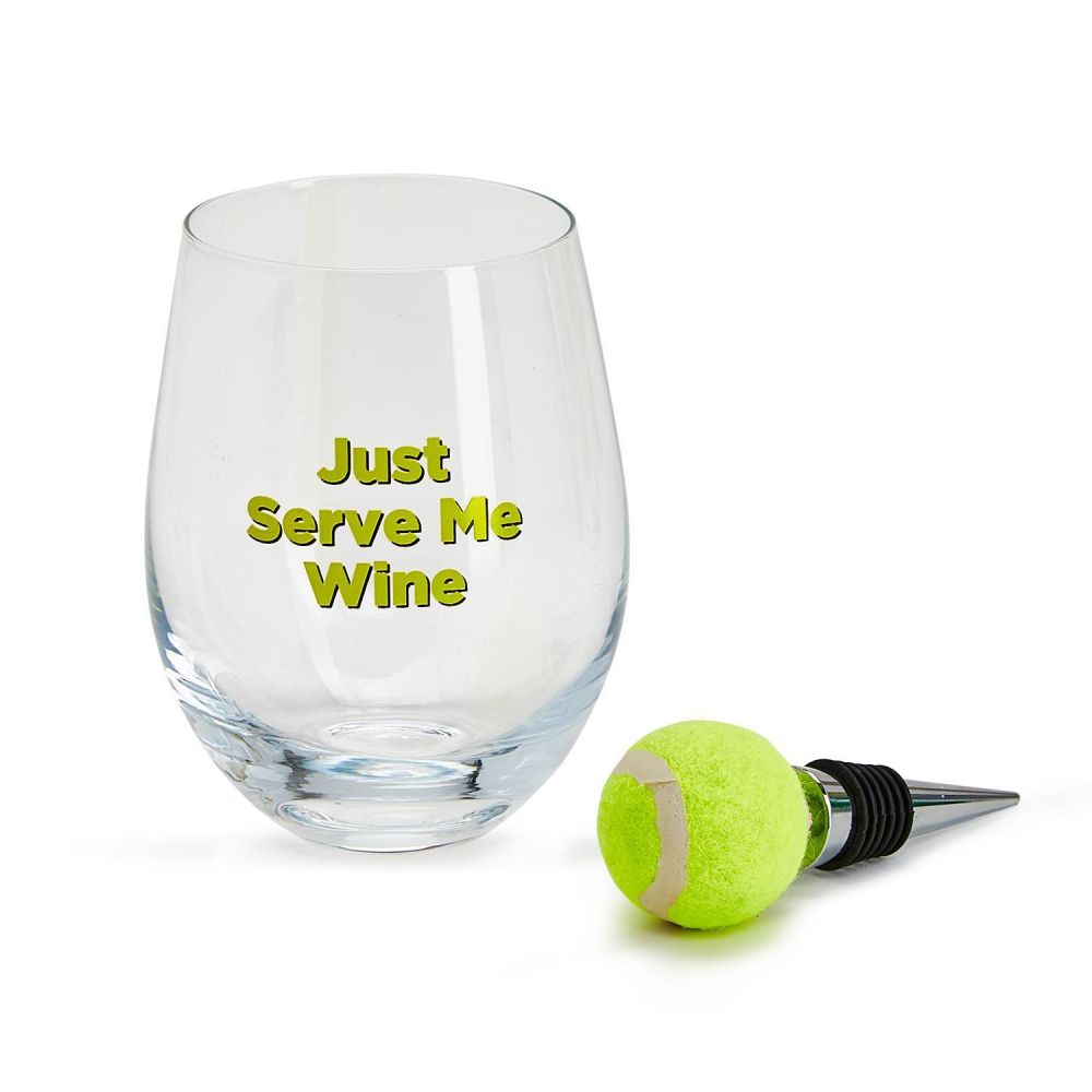 Two's Company Tennis Stemless Wine Glass With Tennis Ball Wine Stopper
