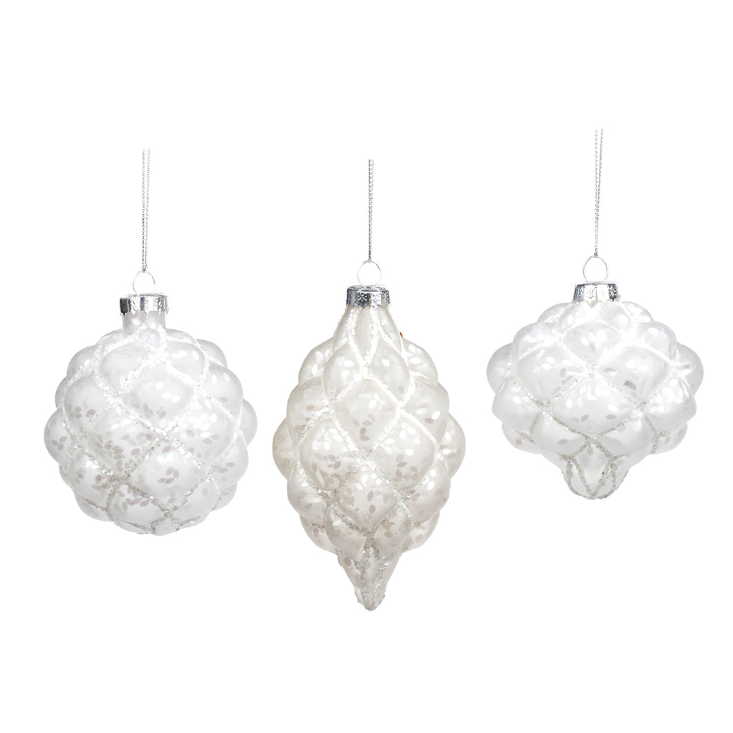Goodwill Glass Matte 3D Net Ball/Finial Ornament White 8Cm, Set Of 3, Assortment