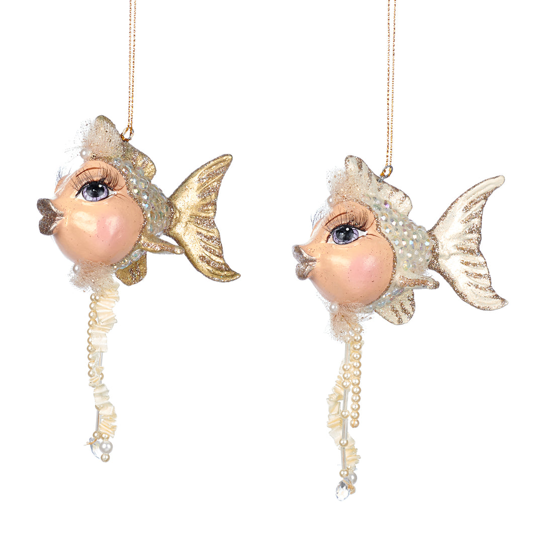 Jewel Of Sea Fish With Dangle Ornament Cream/Gold 15Cm, Set Of 2, Assortment