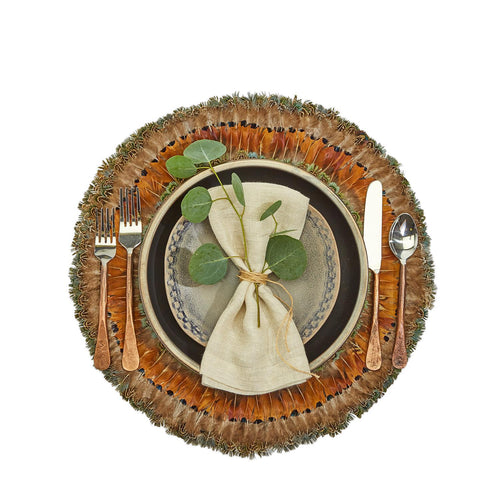 Two's Company Pheasant Park Set of 6 Round Decorative Mats - Pheasant Feathers