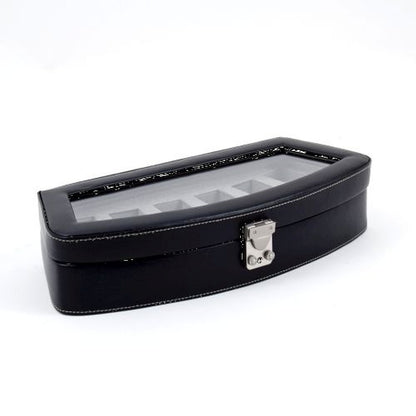 Black Leather 6 Watch Case With Glass Top & Locking Clasp.