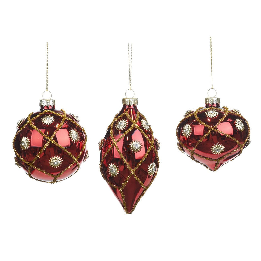 Glass Glittered Net/Star Ball/Finial Ornament Red/Gold 8Cm, Set Of 3, Assortment