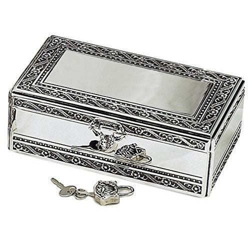 Leeber Antique Jewelry Box with Jeweled Lock, Silver-Plated, 2.5" x 4.5" x 6"