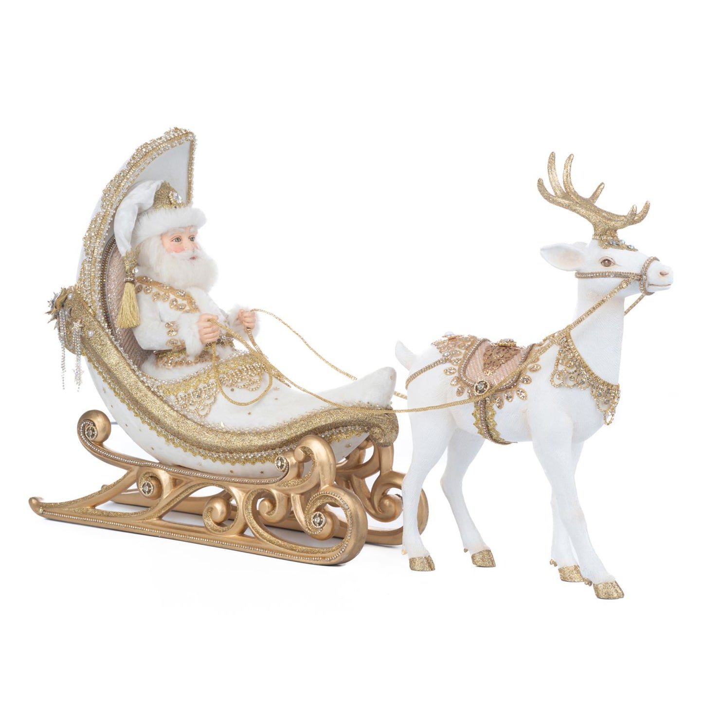 Katherine's Collection 2023 16" Celestial Moon Sleigh with Reindeer, White/Gold Resin