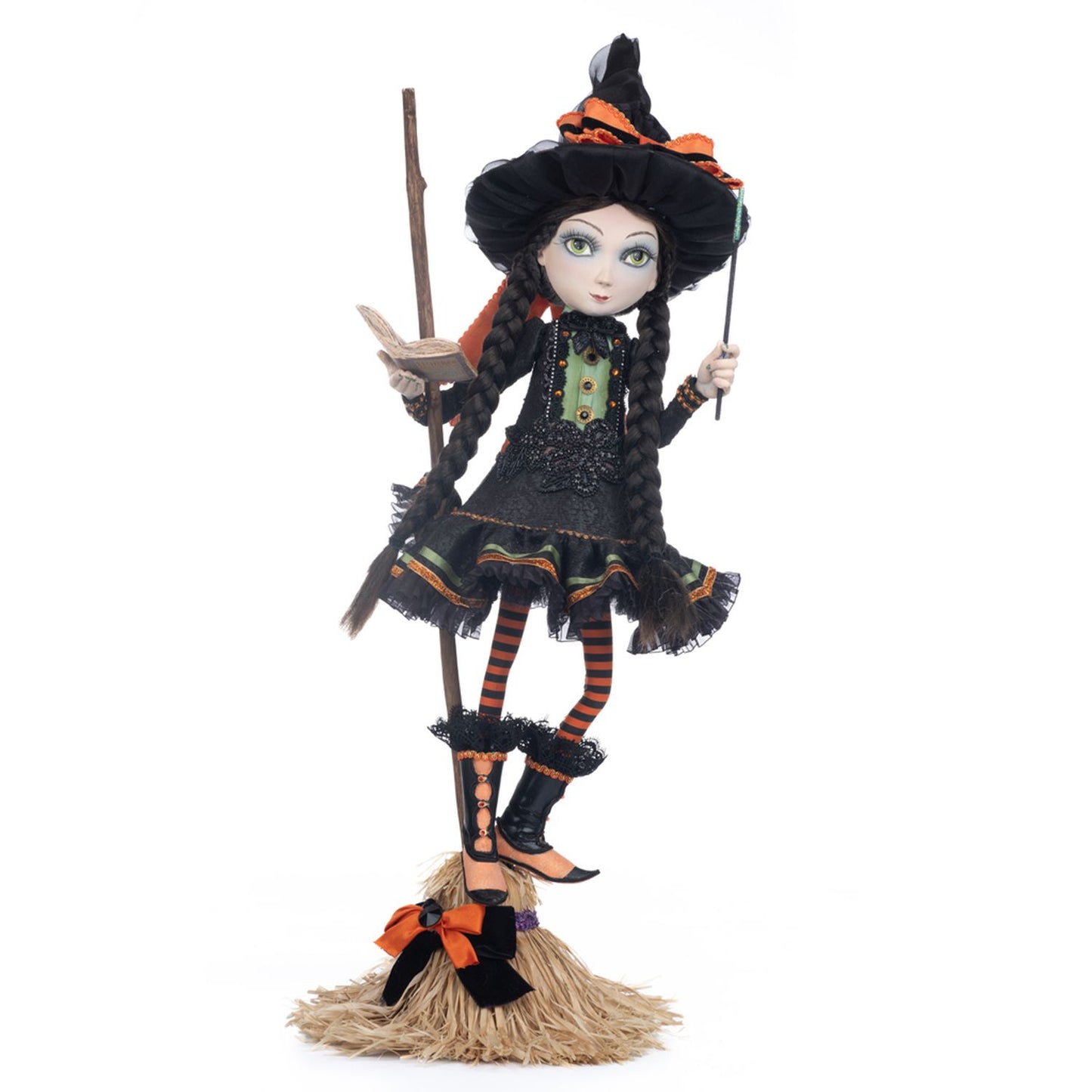 Katherine's Collection 29 Inch Hilary Blackroot On Broom, Orange/Black Witch Resin