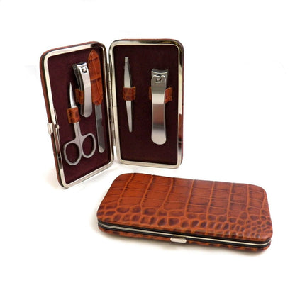 5 Piece Manicure Set In Brown Leather With Crocodile Case