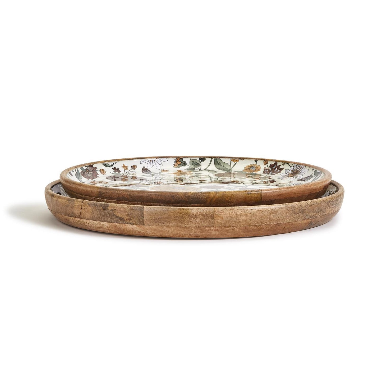 Two's Company Naturally Floral Set Of 2 Hand-Crafted Wood Round Trays