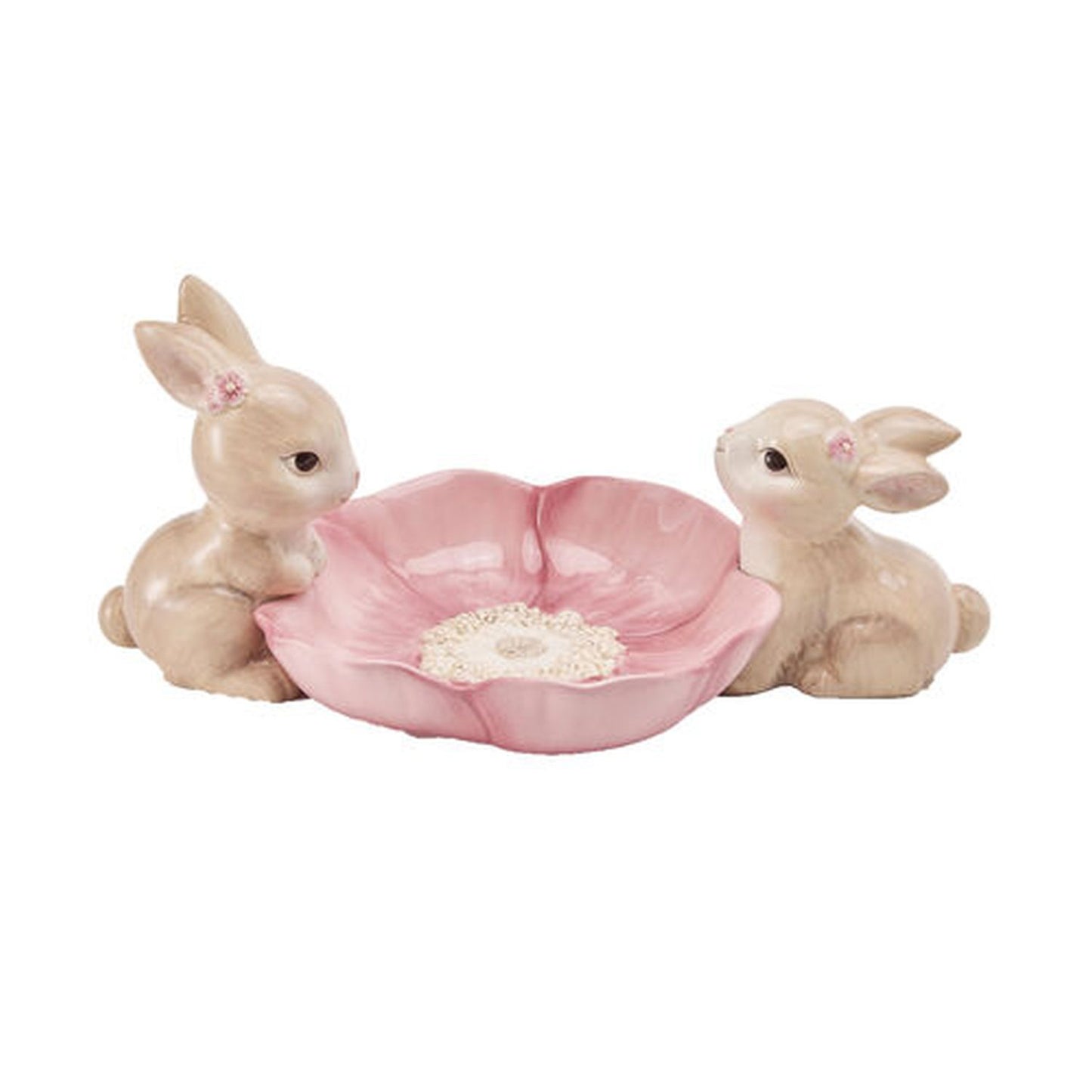 December Diamonds Spring Confections 12" Bunny Couple With Pink Bowl