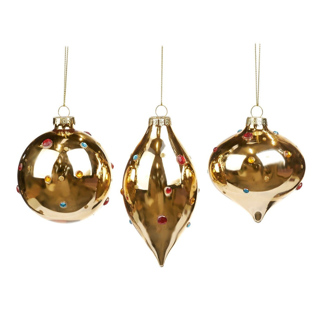 Glass Jewel Dotted Ball/Finial Ornament Gold/Multi 8Cm, Set Of 3, Assortment