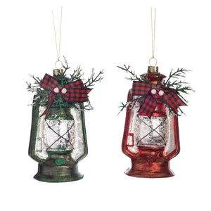 Glass Christmas Oil Lamp Ornament With Bow Green/Red 5.5Cm, Set Of 2, Assortment