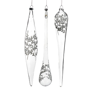 Glass Glittered Twig Drop/Icicle Ornament Clear/White 30Cm, Set Of 3, Assortment