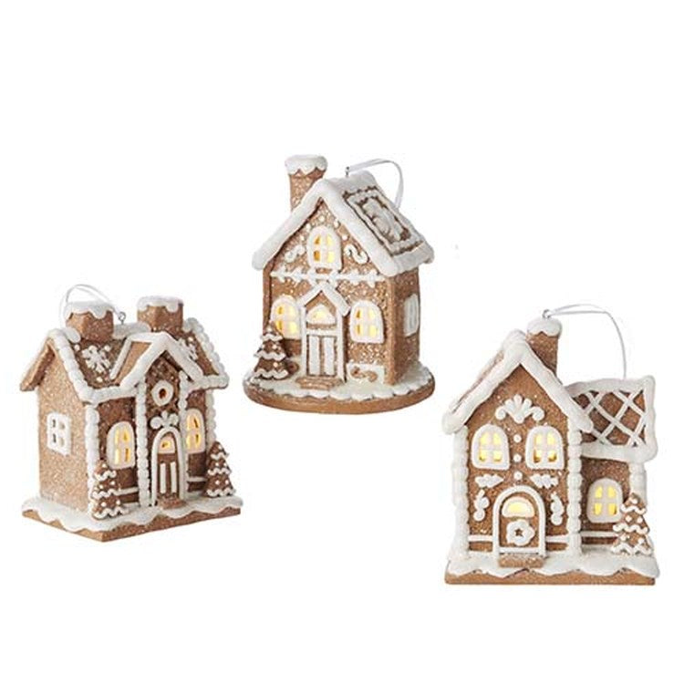 Raz 2022 Holiday In Provence 4" Lighted Gingerbread House Ornament, 3 Asst